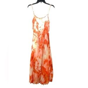 New American Rose Boho Bohemian Ombre Tie Dye Pleated Midi Sundress Dress Orange